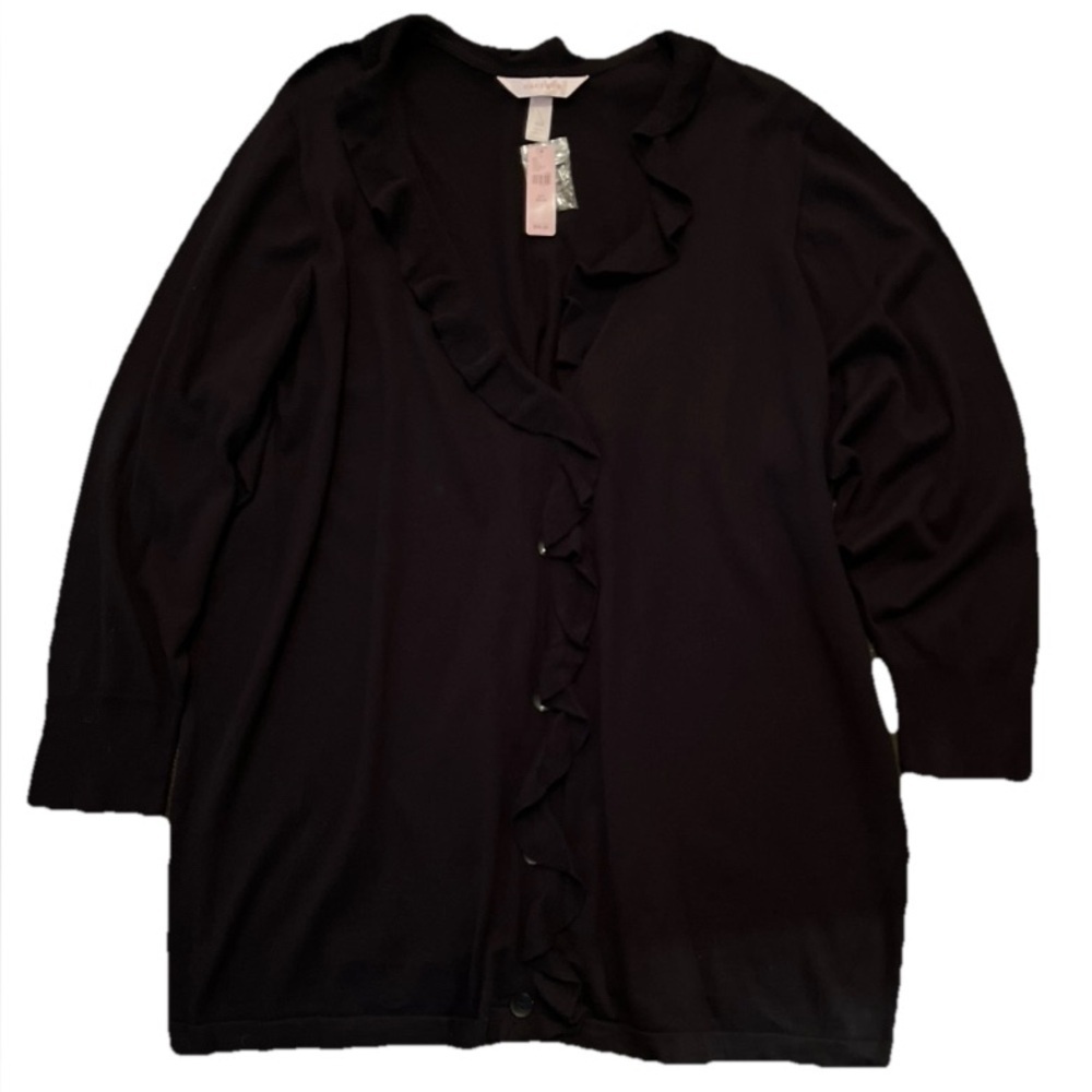 Cacique Cardigan Plus Size 26 Black Button Front Ruffle Trim Knit Lightweight